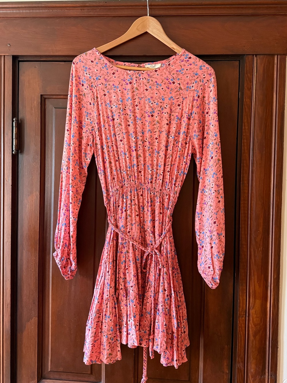 Floral Tie-Waist Long Sleeve Dress in Coral Pink